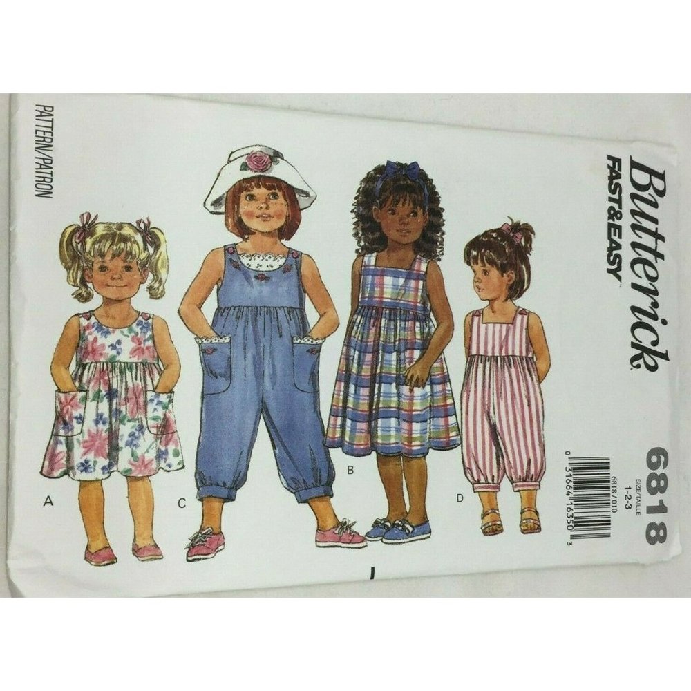 Vintage Butterick 6818 Toddler Childrens Dress Jumpsuit Sewing Pattern 1 2 3